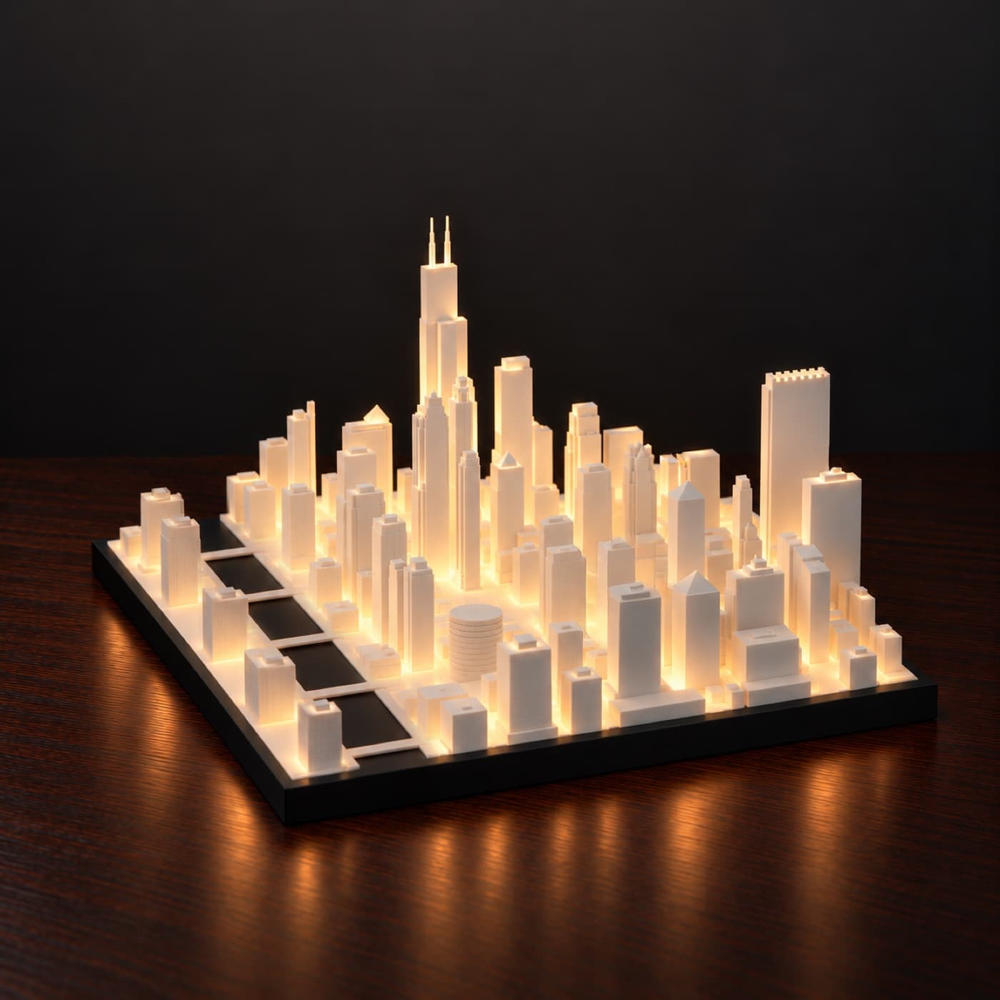Chicago Skyline Lamp, lit, on a dark wood table