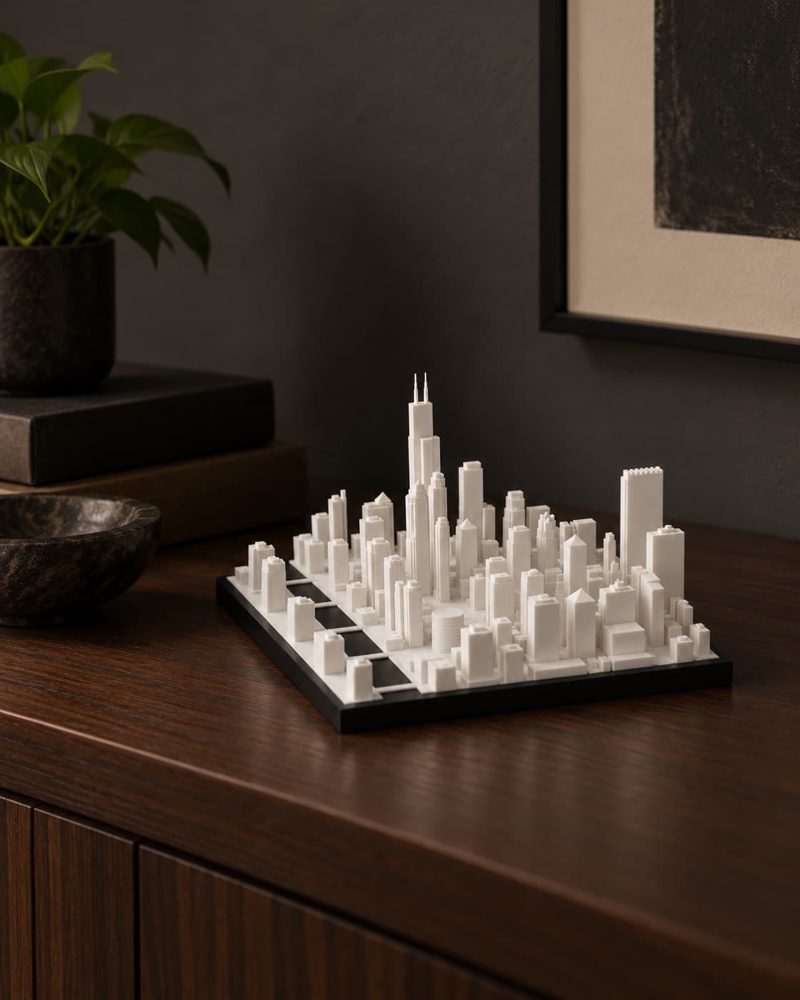 Chicago Skyline Lamp unlit on a side table