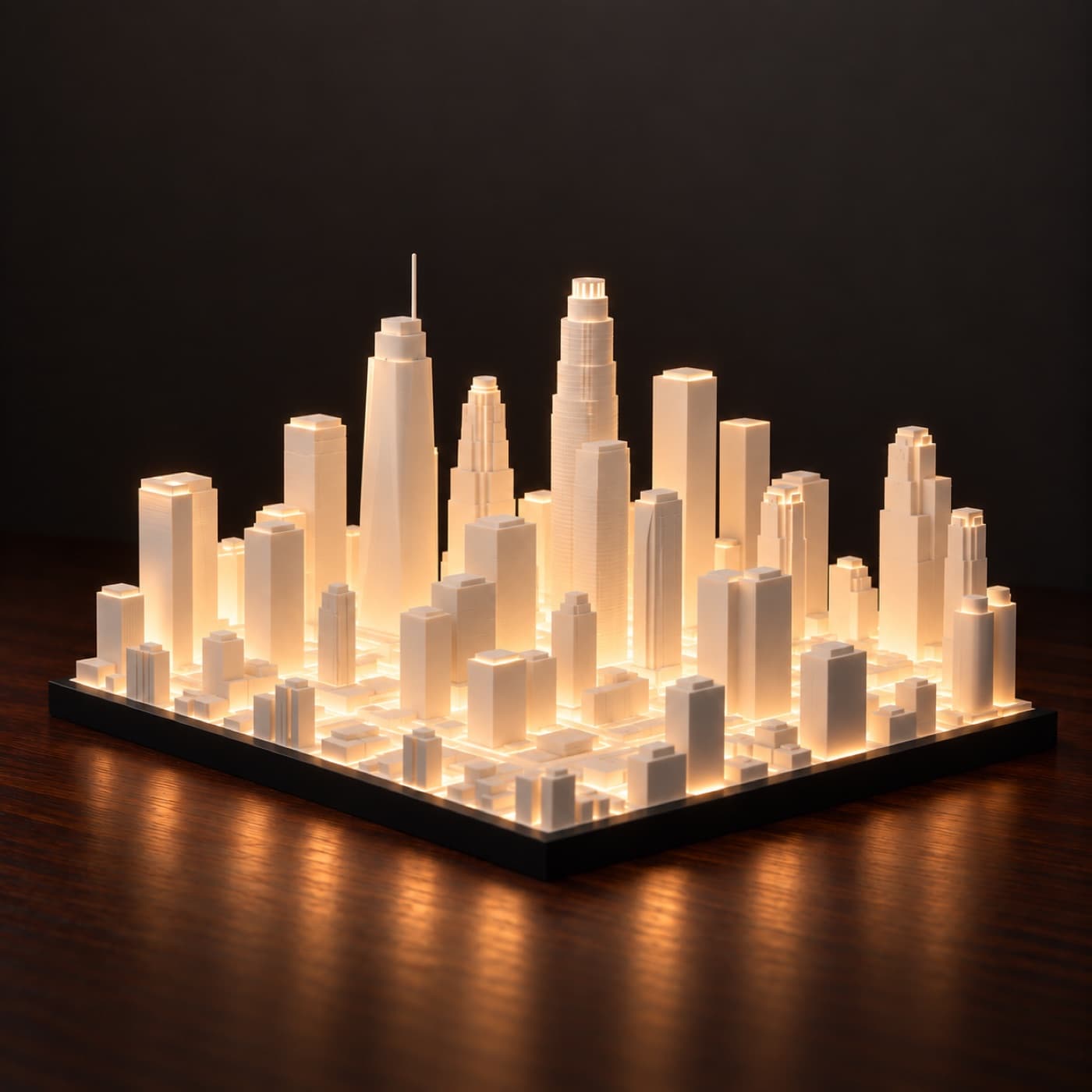 The Los Angeles Skyline Lamp glowing from within