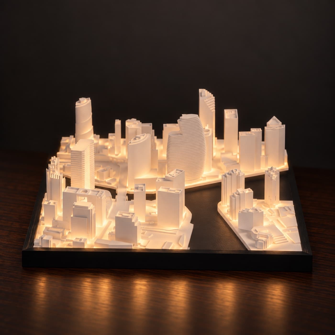 Miami Skyline Lamp, lit, on a dark wood table