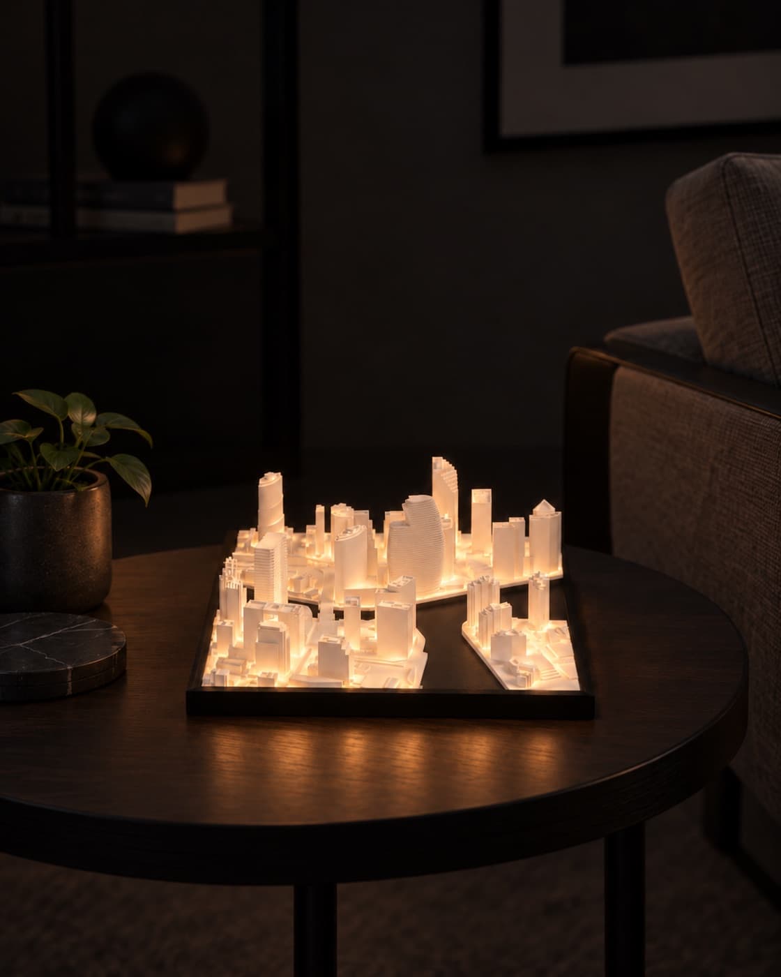 Miami Skyline Lamp lit on a side table in a living room