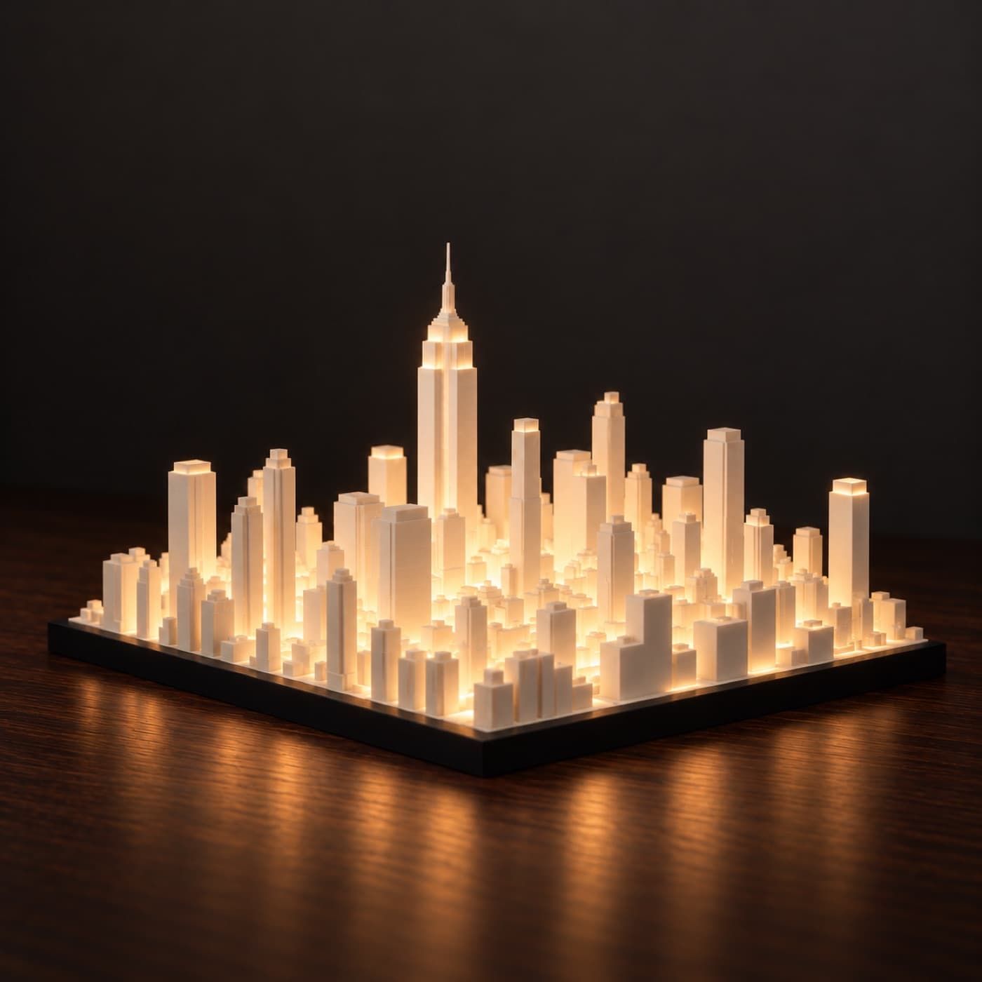New York Skyline Lamp, lit, on a dark wood table