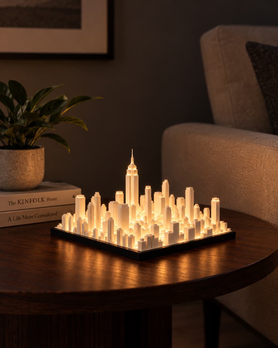 The New York Skyline Lamp lit on a side table