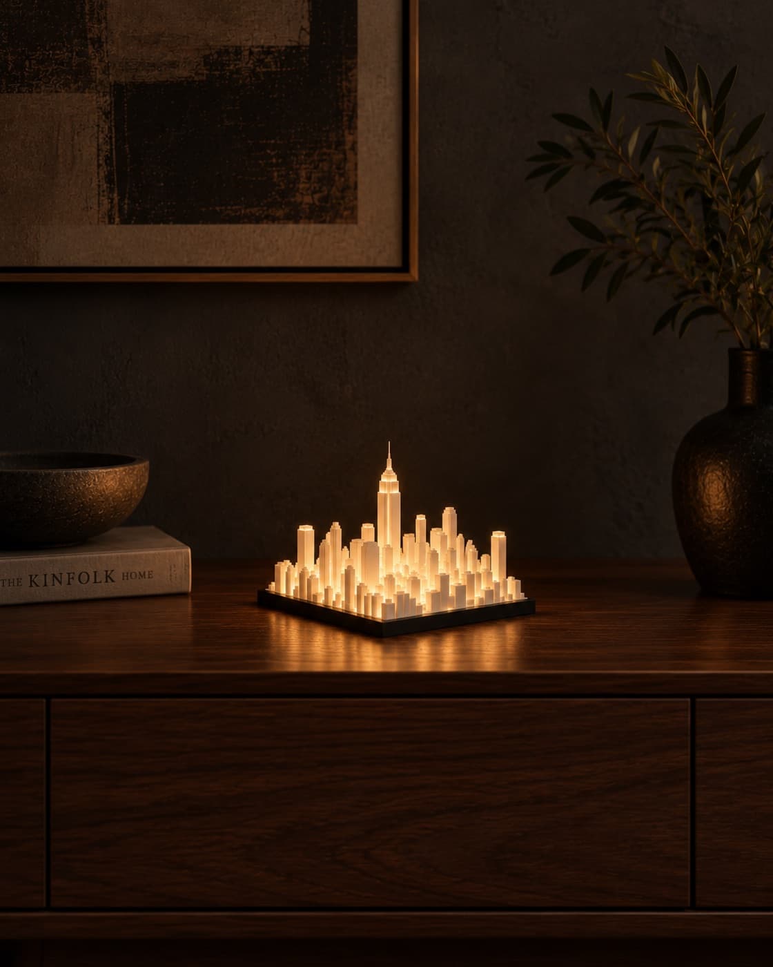 New York Skyline Lamp on a sideboard
