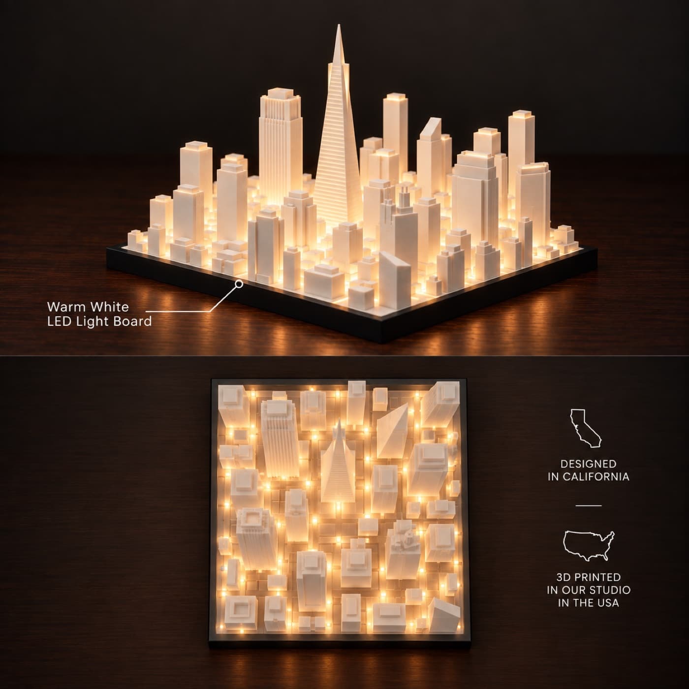 San Francisco Skyline Lamp with its warm white LED light board